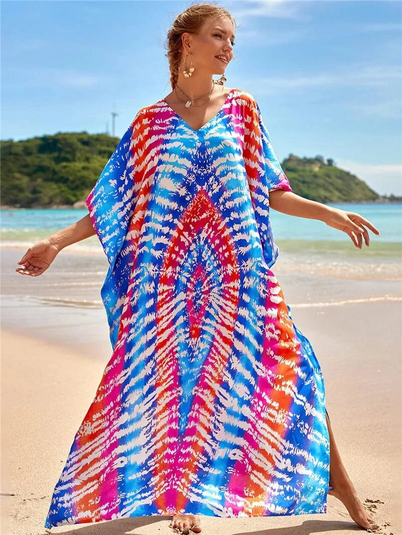 Size fits all / 5-Blue Red Tie Dye DAMOCHIC Fashion Cover Up Swimwear Women Plus Size Swim Suit Cover Ups Kaftan Sarong Rayon Print Long Maxi Beach Dresses 2023