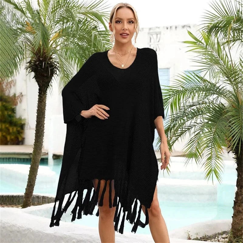 Size fits all / Black 2024 Trend Luxury Beach Tunics for Women Cover Up Sexy Tassel Loose Crochet Bikini Beachwear Pareo Swimwear Coverups Dress Tunic