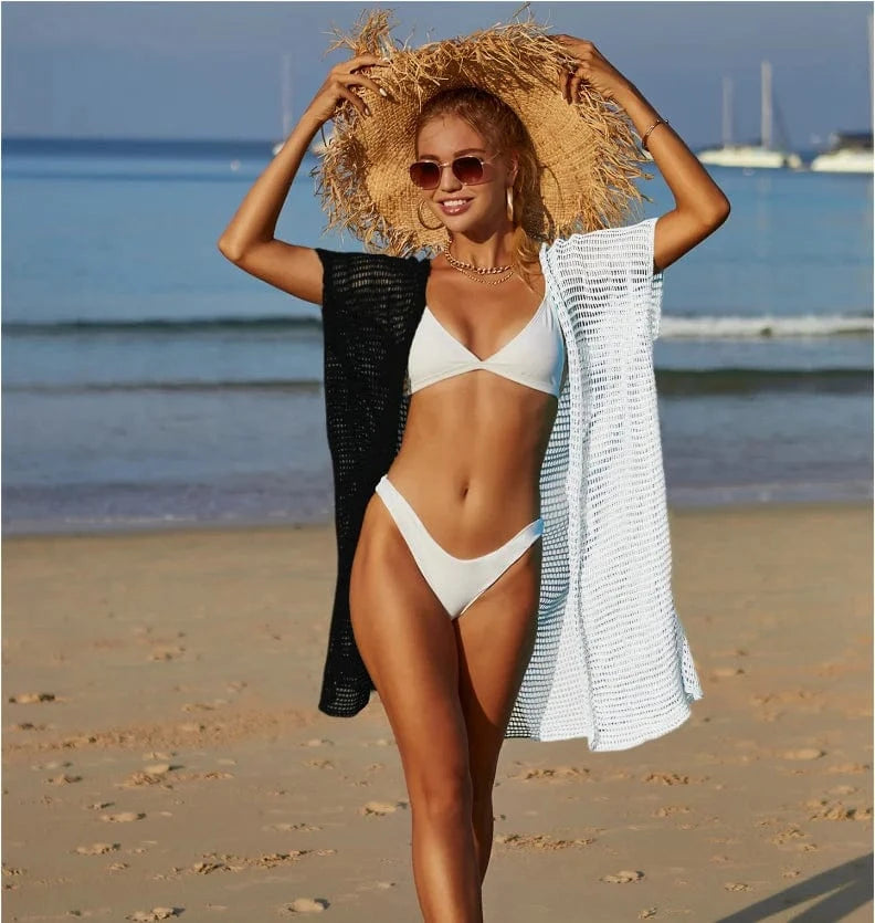 Size fits all / Black and white DAMOCHIC Knitted Cardigan Swimsuit cover ups Summer Hollow out Beach cover ups Color splicing Bathing Suit Blouse 2023