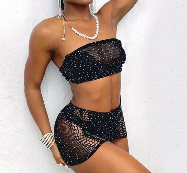 Size fits all / Black Sexy bright diamond swimsuit shinny bikini black tube top summer swimsuits 2024