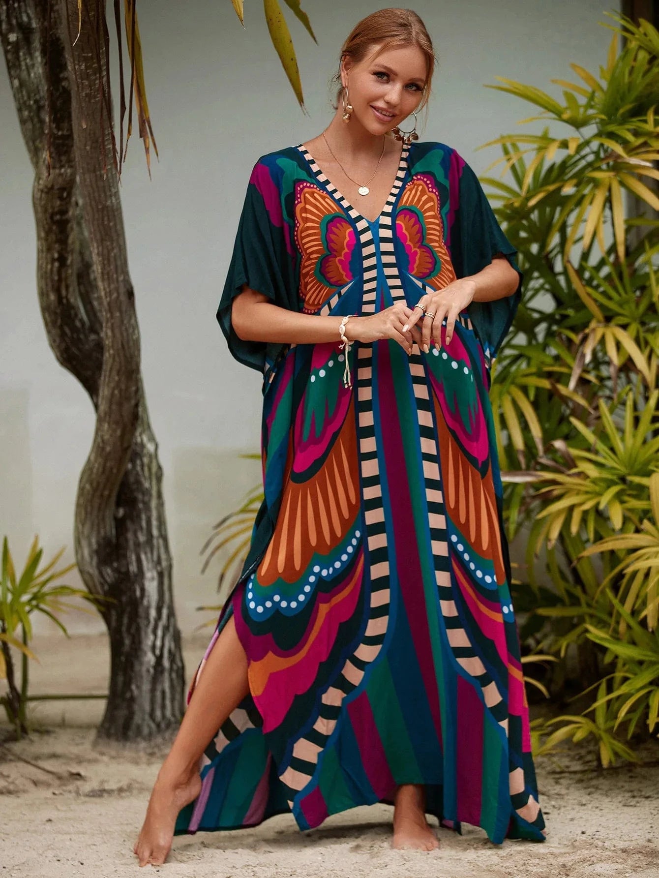Size fits all / DN0728-41 butterfly DAMOCHIC Fashion Cover Up Swimwear Women Plus Size Swim Suit Cover Ups Kaftan Sarong Rayon Print Long Maxi Beach Dresses 2023