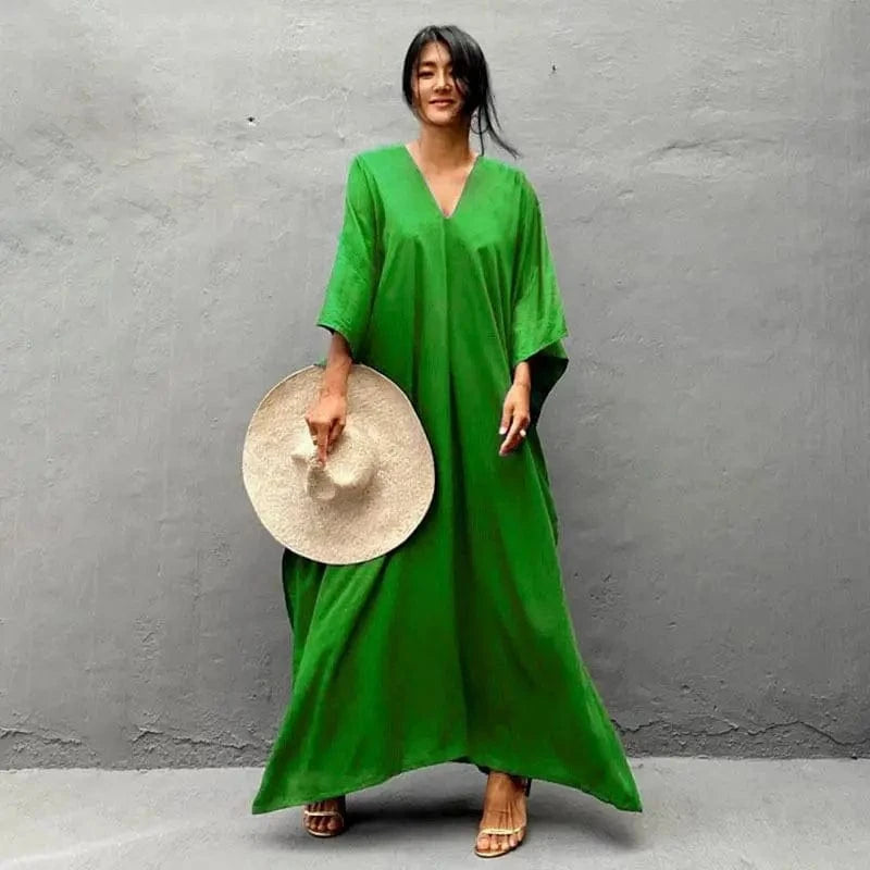 Size fits all / DN1874 Green DAMOCHIC Custom Beach Cover Up Kaftan Kimono Maxi Swim Dress Solid Color Bikini V Neck Rayon Sarong Cover Up Swimwear 2023