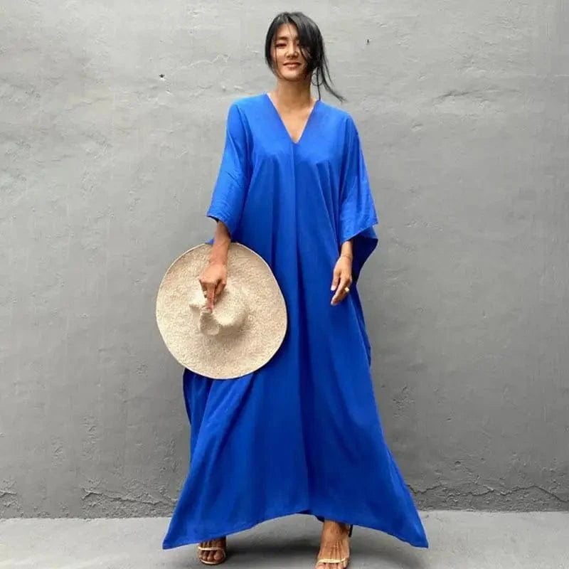Size fits all / DN1874 Royal Blue DAMOCHIC Custom Beach Cover Up Kaftan Kimono Maxi Swim Dress Solid Color Bikini V Neck Rayon Sarong Cover Up Swimwear 2023