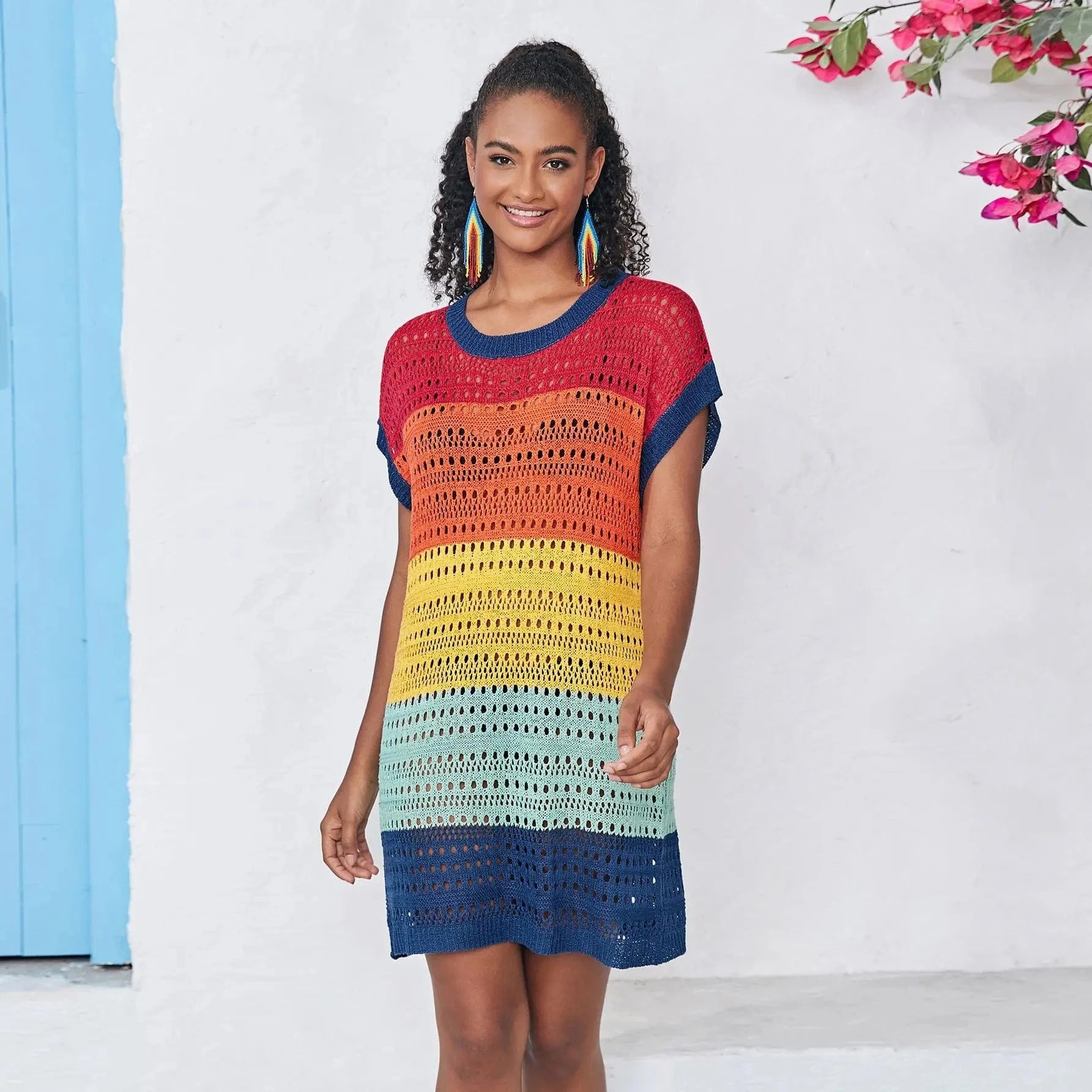 Size fits all / image color JSN9202164 factory hot selling manufacture 2024 rainbow colorful knitting high quality sexy bikini cover up