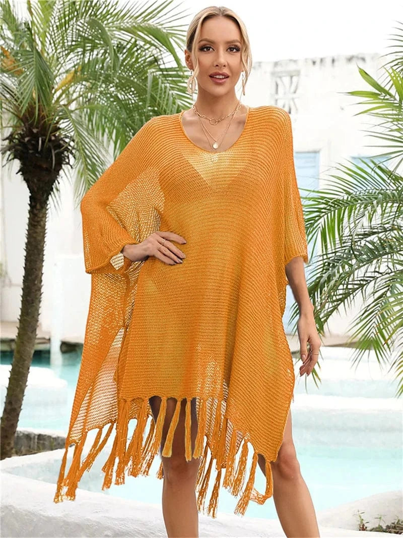 Size fits all / Orange 2024 Trend Luxury Beach Tunics for Women Cover Up Sexy Tassel Loose Crochet Bikini Beachwear Pareo Swimwear Coverups Dress Tunic