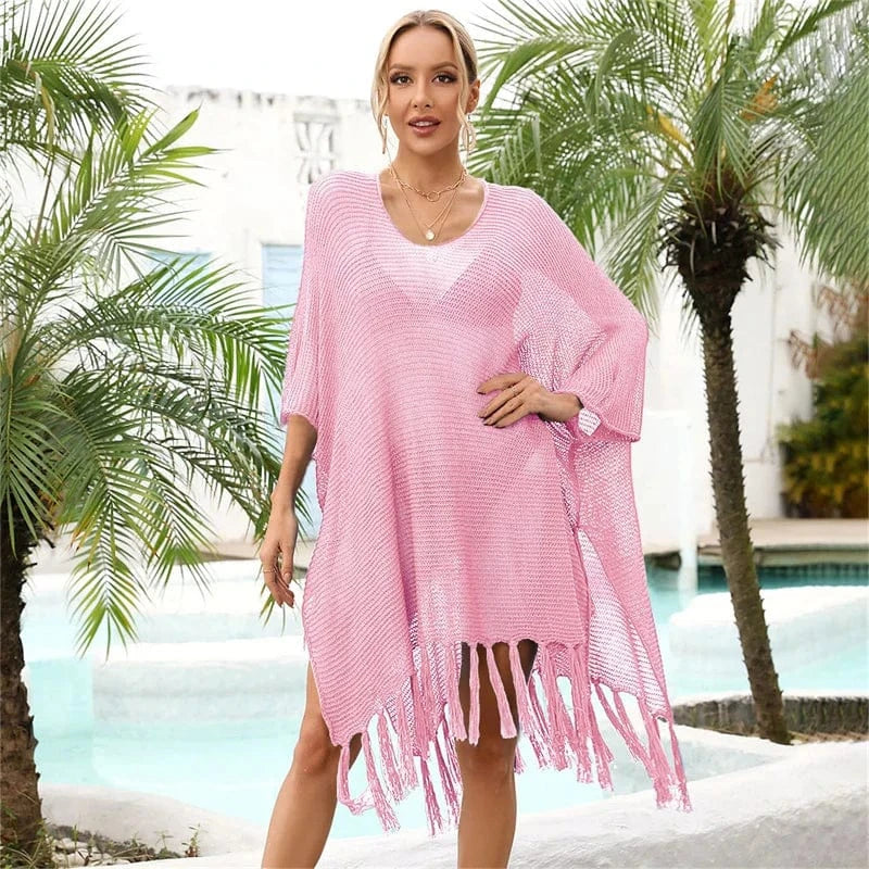 Size fits all / Pink 2024 Trend Luxury Beach Tunics for Women Cover Up Sexy Tassel Loose Crochet Bikini Beachwear Pareo Swimwear Coverups Dress Tunic