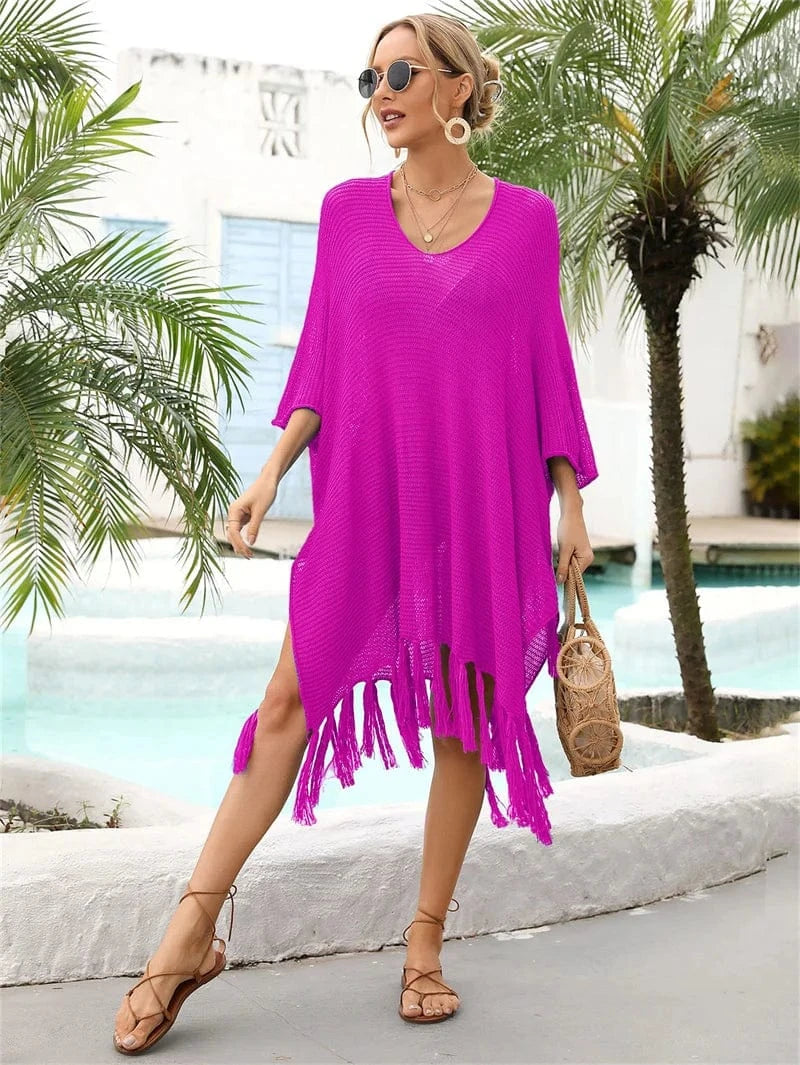 Size fits all / Purple 2024 Trend Luxury Beach Tunics for Women Cover Up Sexy Tassel Loose Crochet Bikini Beachwear Pareo Swimwear Coverups Dress Tunic