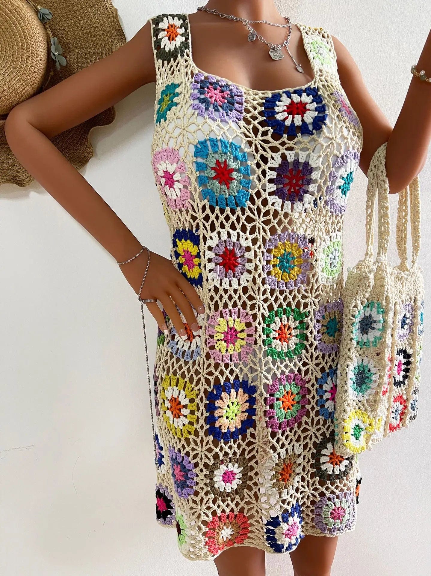 Size fits all / Style4 Oem Coverups Women Beachwear Flower Bohemian Beach Cover Ups Loose Knit Crochet Cover Up Swimwear Beach Dress 2024 Vocation