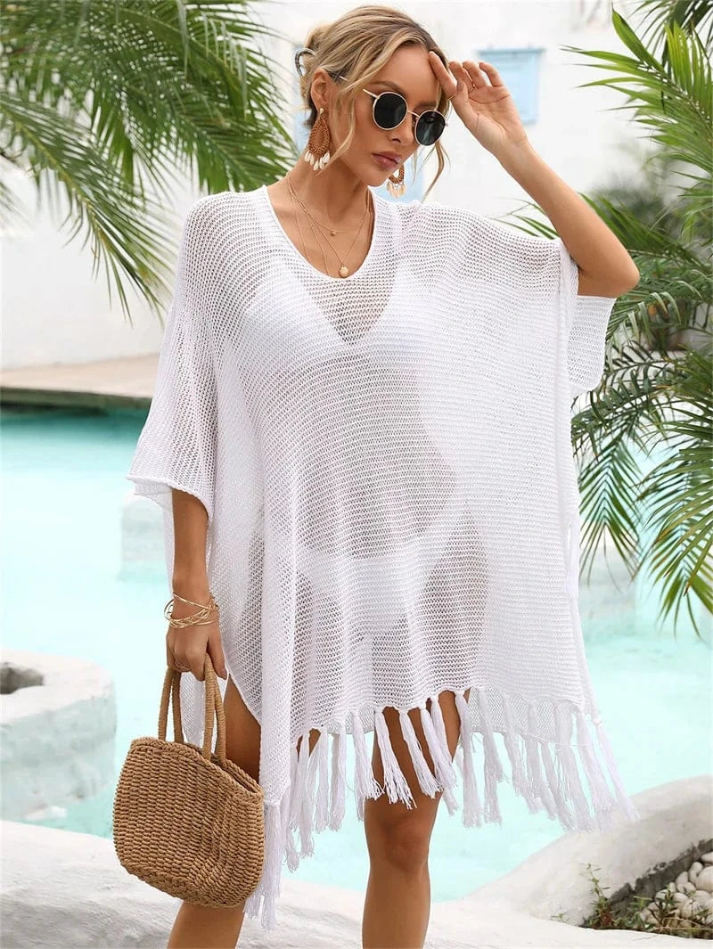 Size fits all / White 2024 Trend Luxury Beach Tunics for Women Cover Up Sexy Tassel Loose Crochet Bikini Beachwear Pareo Swimwear Coverups Dress Tunic
