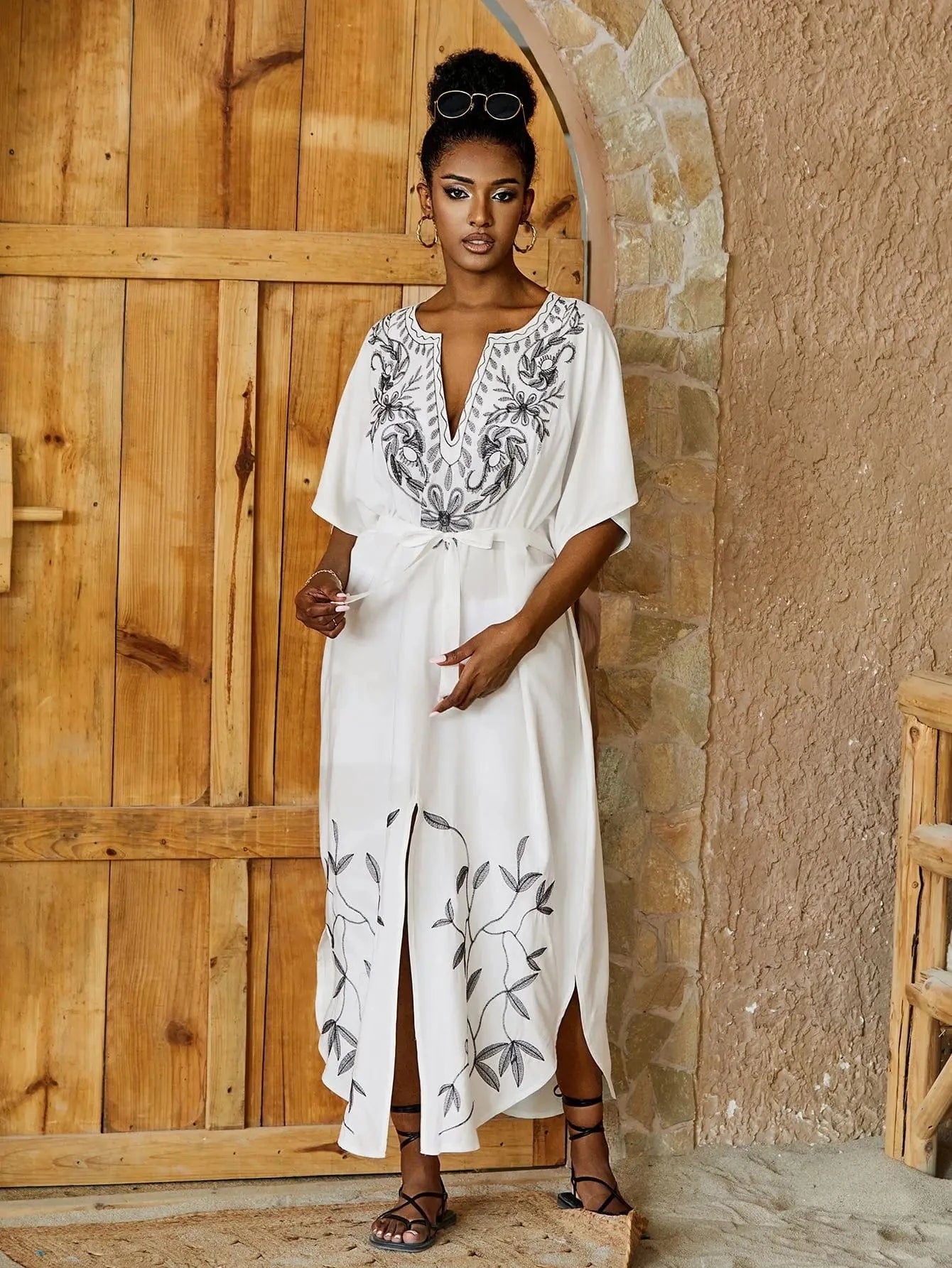 Size fits all / White JSN9202182 manufacture 2024 new arrival long beach dress with belt sun protection blouse for girl