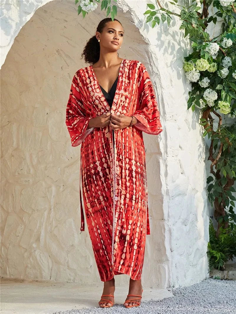 Size fits all / ZS1793-12 red DAMOCHIC Rayon Kaftan Beach Cover Up with Belt Tie-Dye Bikini Cover Up Kimono Sarong Swimwear Print Long Beach Cover Ups 2023