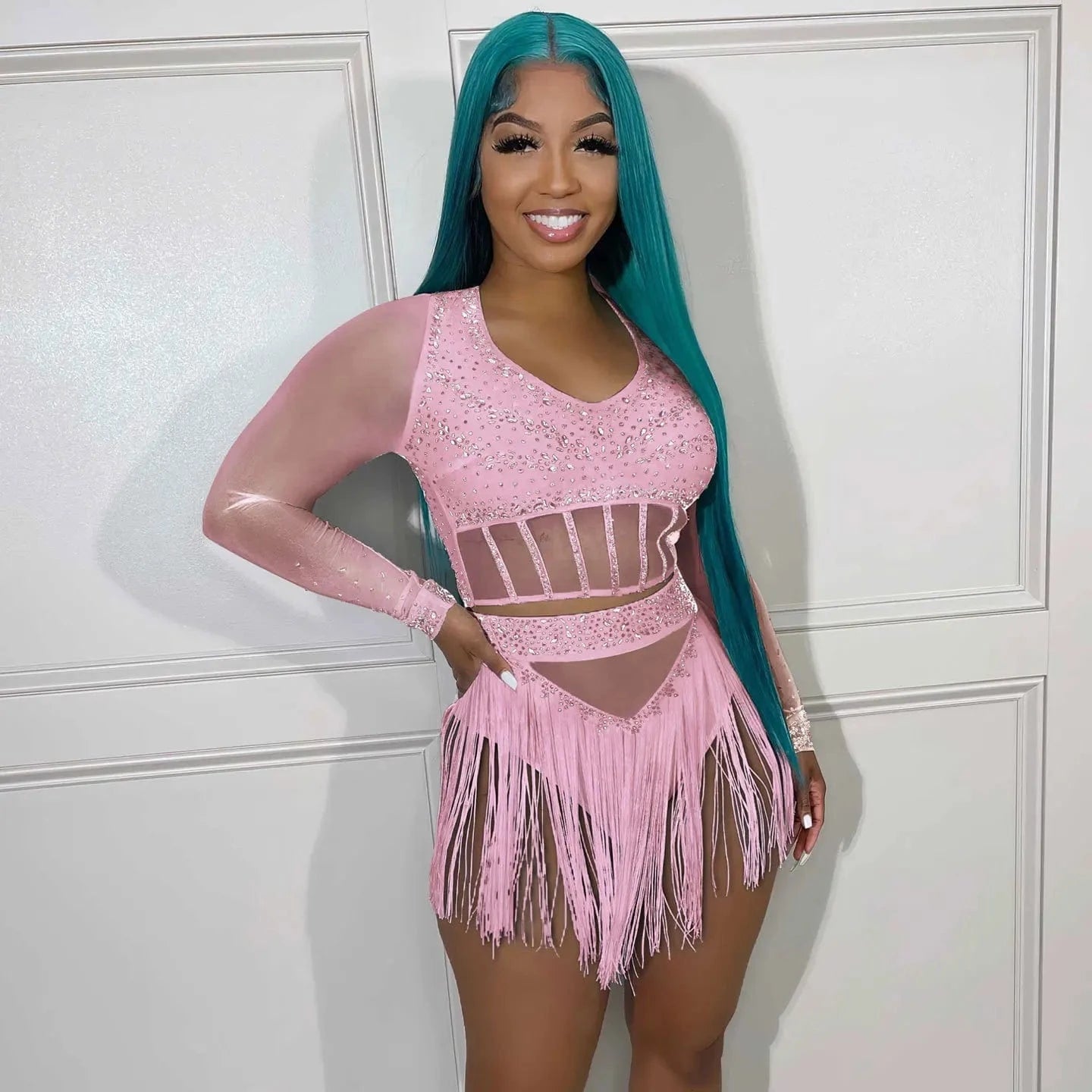 SK2969-4 / S Mesh Rhinestone Club Outfits Sexy Women Two Pieces Crystal Tassel Party Matching Set