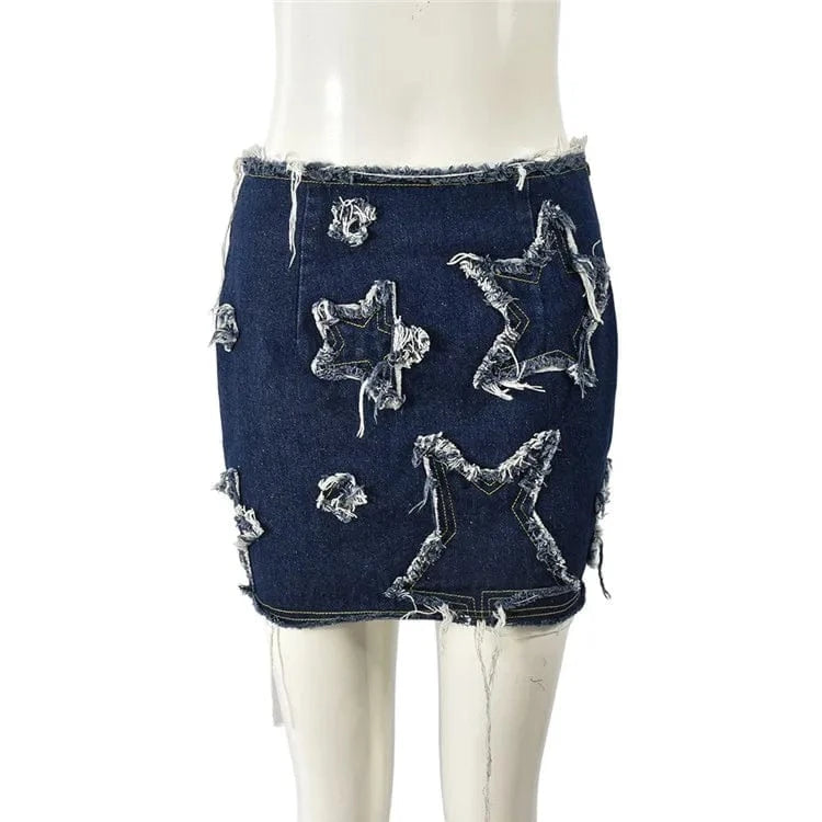skirt M / Blue Star Embroidered Denim Mini Skirt – Summer Low Waist Tassel Skinny Skirt for Girls