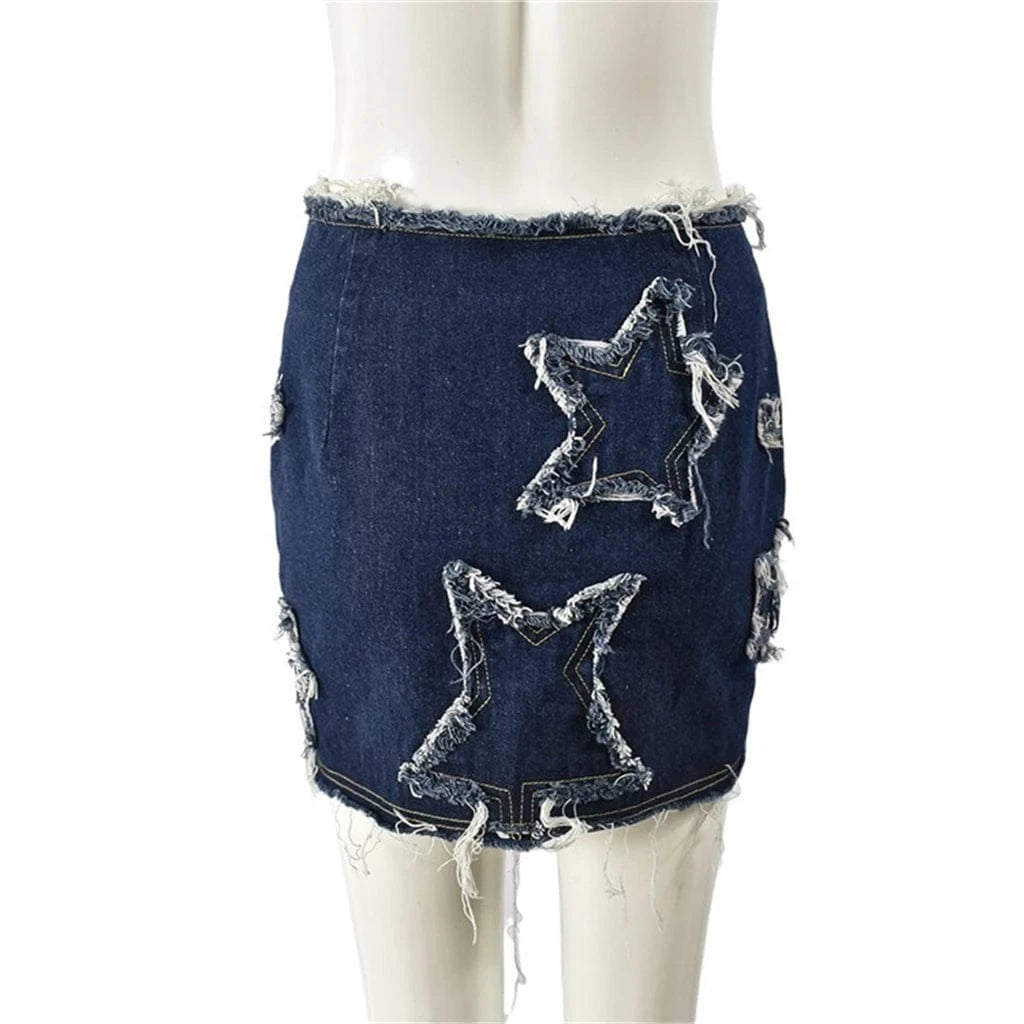 skirt Star Embroidered Denim Mini Skirt – Summer Low Waist Tassel Skinny Skirt for Girls