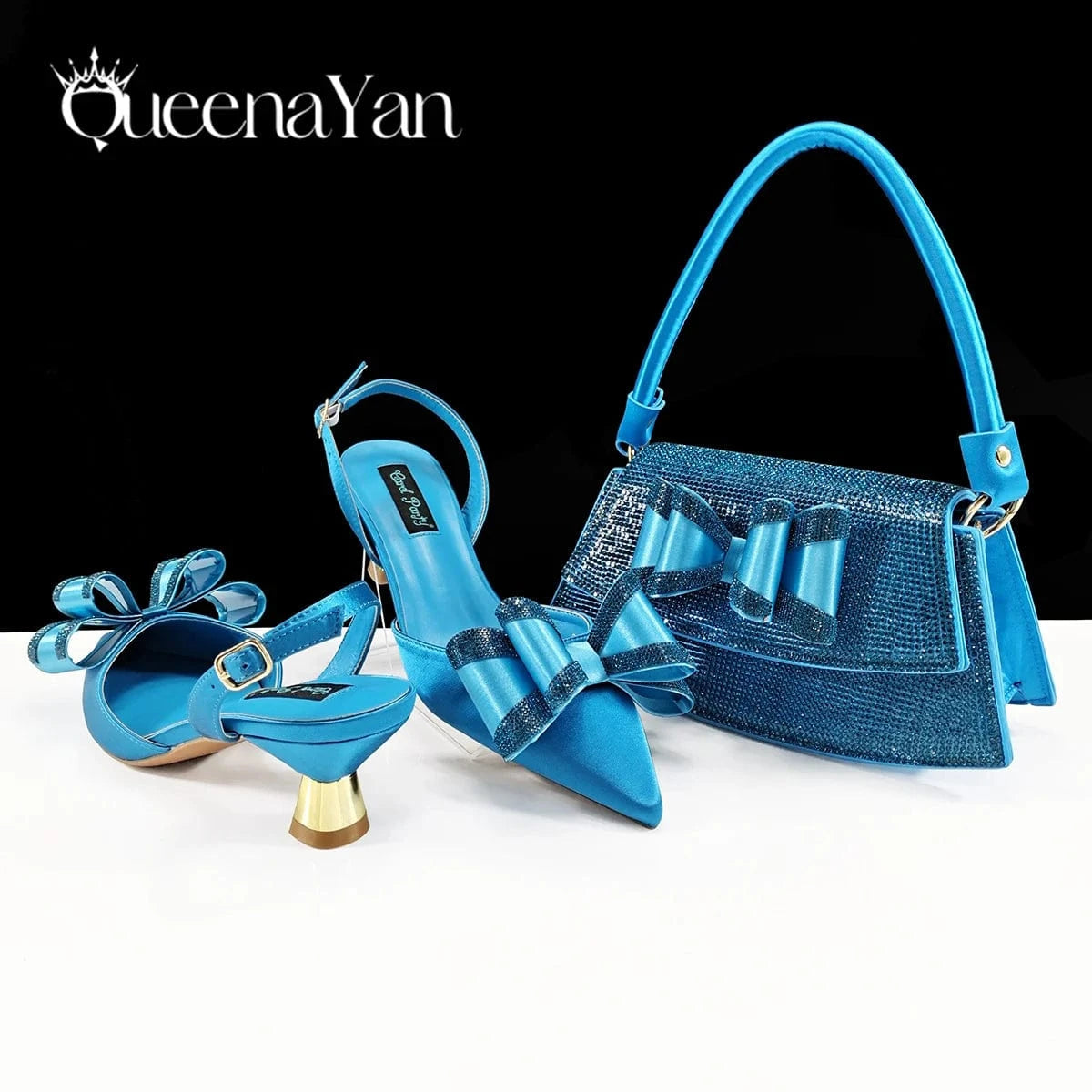 Sky blue / 38 / CHINA Queena Yan latest Italian women's shoes and accessories bag rhinestone butterfly decoration elegant pointed toe wedding bridal