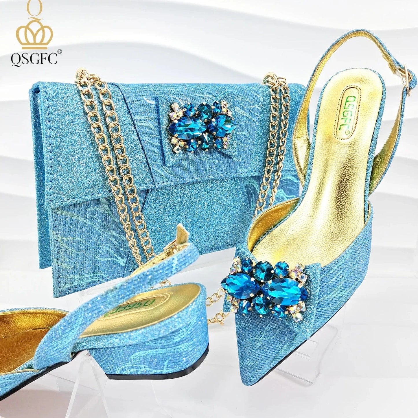 SKY BLUE / 43 Italian Design Elegant Evening Shoes And Bag Set African Crystal Comfortable Shoes And Capacity Bag Commuter Women's Shoes