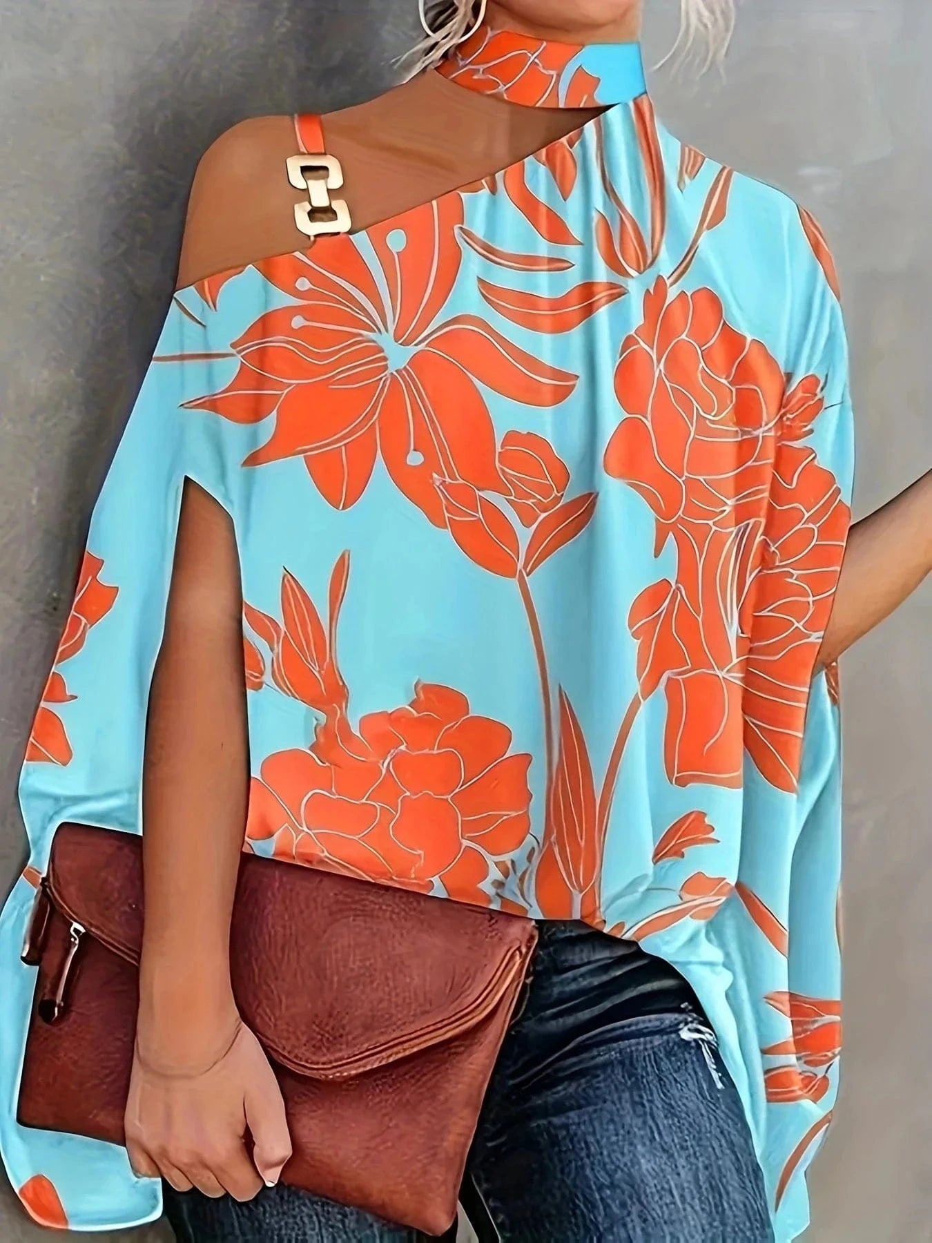 SKY BLUE / 5XL Plus Size Women's Sexy Loose Blouse 2024 Summer Shirt Open-shoulder Hollowed-out Short Sleeve Chain Neck Print Top Femme Blouse