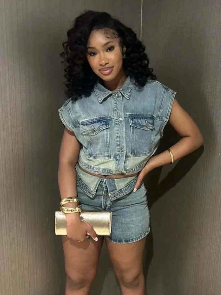Sky Blue / L Joskaa Patchwork Stretch Denim 2 Piece Sets Women Lapel Button Pocket Tank Tops and Irregular Shorts Matching 2025 Streetwear