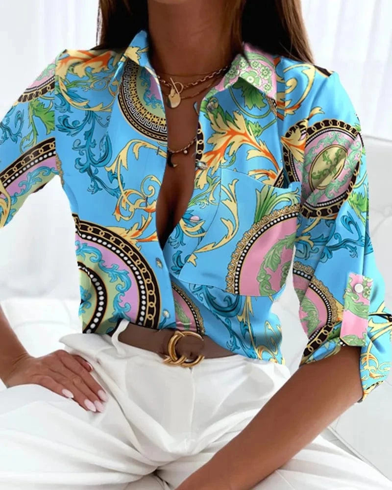 SKY BLUE / M Elegant Women Blouse 2023 Spring and Autumn Temperament Top Long Sleeve Stripe Print Office Slim Fit Pocket Shirt