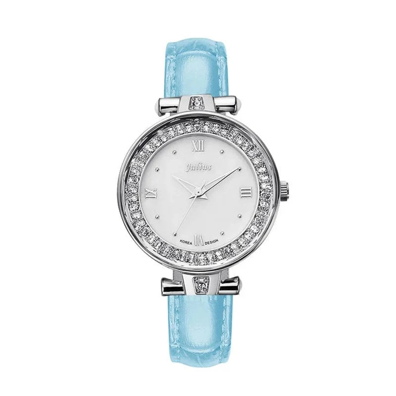 SKY BLUE Mother-of-pearl Rhinestones Julius Lady Women's Watch Fashion Hours Bracelet Real Leather Girl's Birthday Gift Box