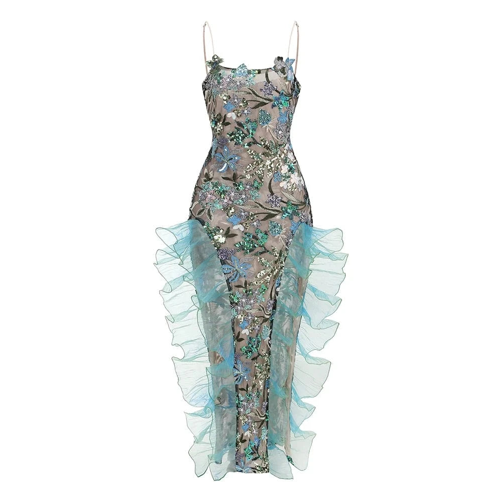 Sky Blue / S / CHINA Sexy Women's Slip Straps Floral Embroidered Sequin Mermaid Dress High Split Ruffled Lace-Edge Tulle Dress for Evening Party Prom