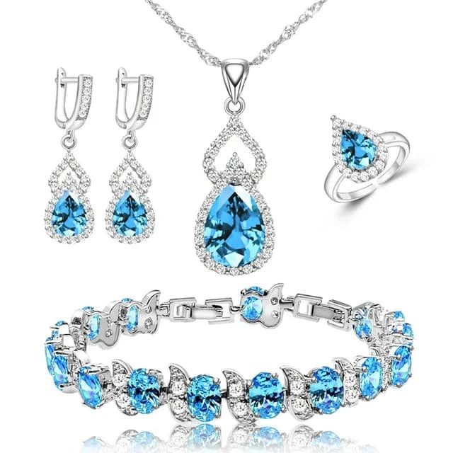 Sky Blue Women Silver 925 Custom Jewelry Sets Red Garnet Earrings Necklace Open Ring Bracelets Set for Mom/Wife/Friend