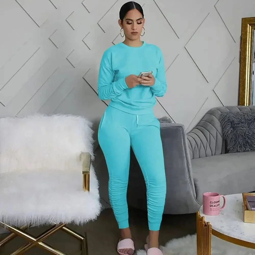 SKY BLUE / XXL New round Neck Long Sleeve Slim Fit Warm Top Elastic Waistband Lace-up Trousers Simple Solid Color Sports Two-Piece Set