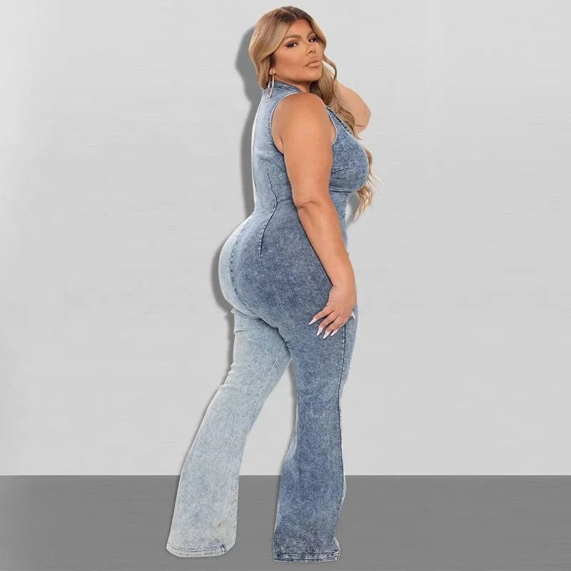 Sleeveless Denim Romper Woman One Piece Romper Casual Jeans Playsuit Overalls Front Zipper Color Matching Denim Jeans Jumpsuit