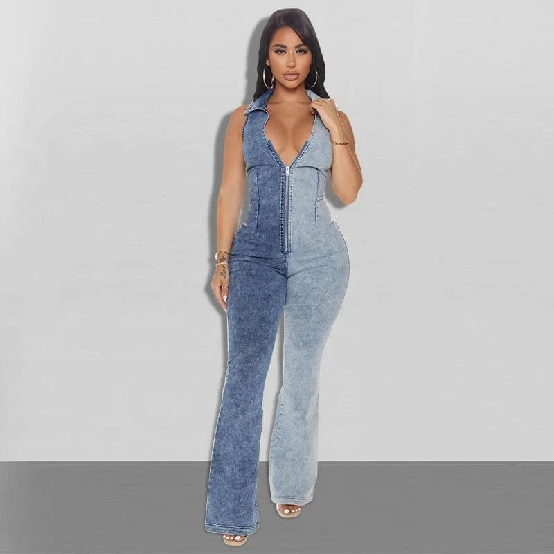 Sleeveless Denim Romper Woman One Piece Romper Casual Jeans Playsuit Overalls Front Zipper Color Matching Denim Jeans Jumpsuit
