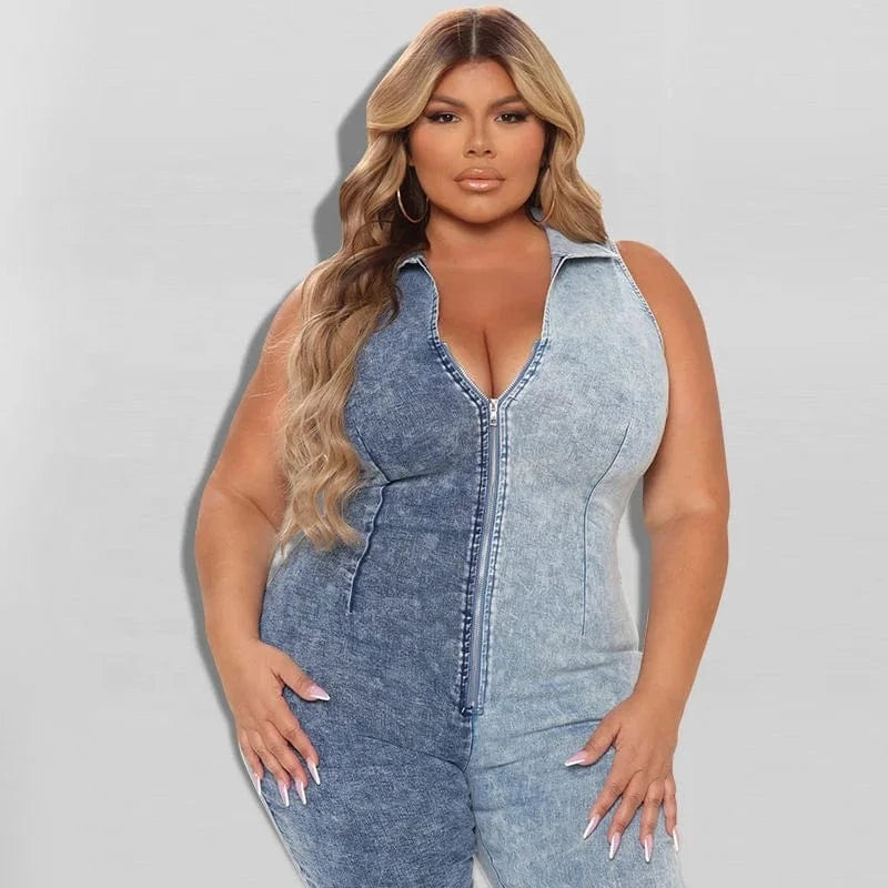 Sleeveless Denim Romper Woman One Piece Romper Casual Jeans Playsuit Overalls Front Zipper Color Matching Denim Jeans Jumpsuit