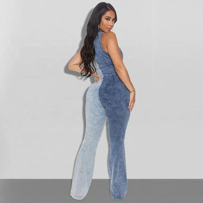 Sleeveless Denim Romper Woman One Piece Romper Casual Jeans Playsuit Overalls Front Zipper Color Matching Denim Jeans Jumpsuit