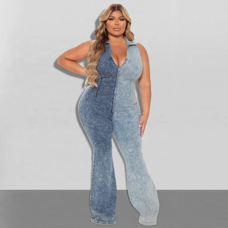 Sleeveless Denim Romper Woman One Piece Romper Casual Jeans Playsuit Overalls Front Zipper Color Matching Denim Jeans Jumpsuit