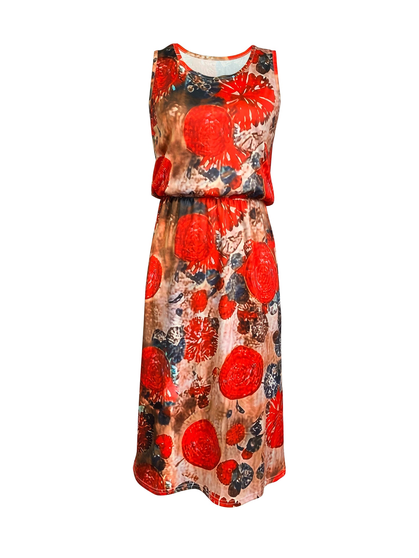 Sleeveless Midi Dress + Bold Red Floral Print With Subtle Knit Texture + Casual Summer Party Style - SN Wigs & More