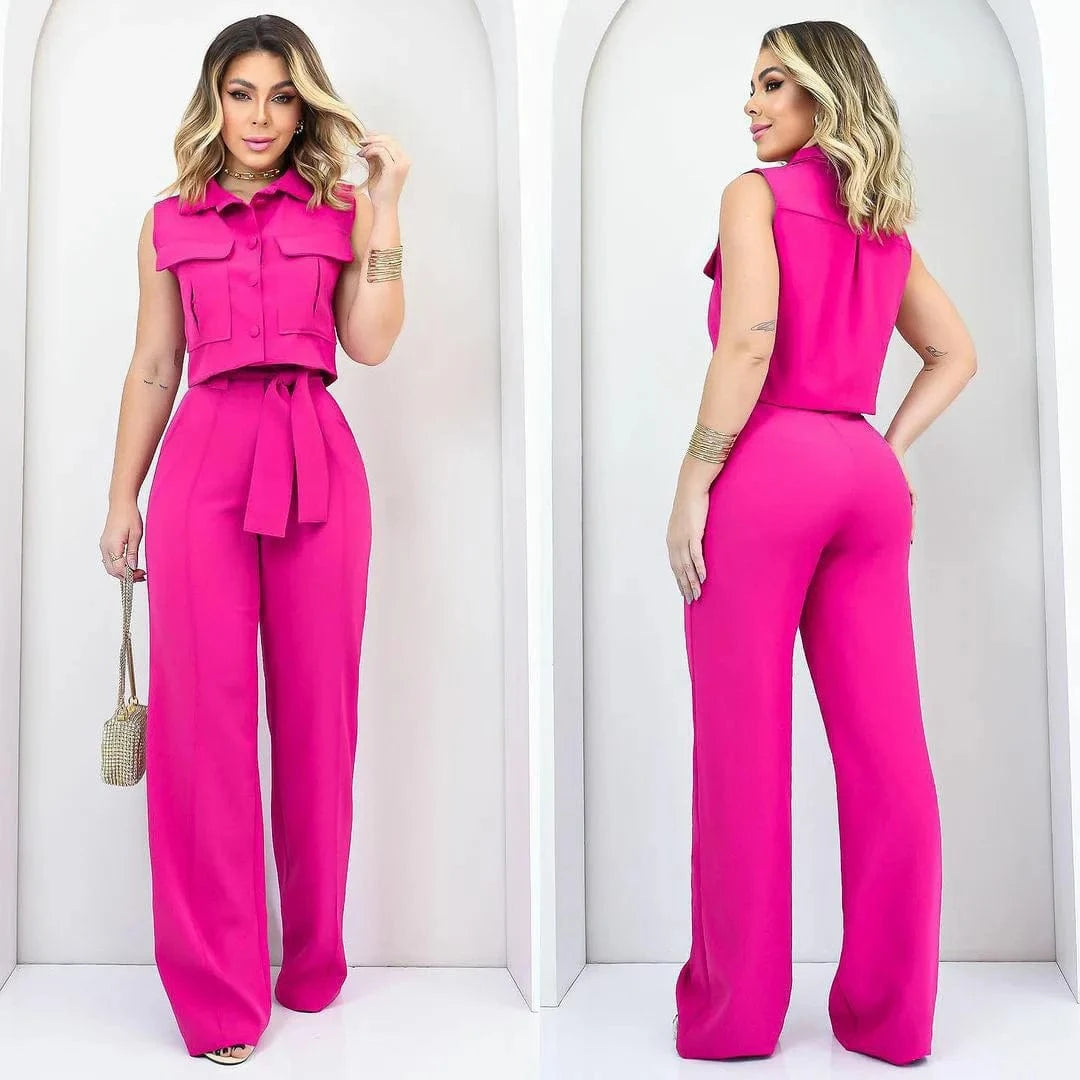 Sleeveless Pant Sets 2024 Women Elegant Tank Tops and Straight Pants Suits Casual 2pcs Pocket Matching Sets