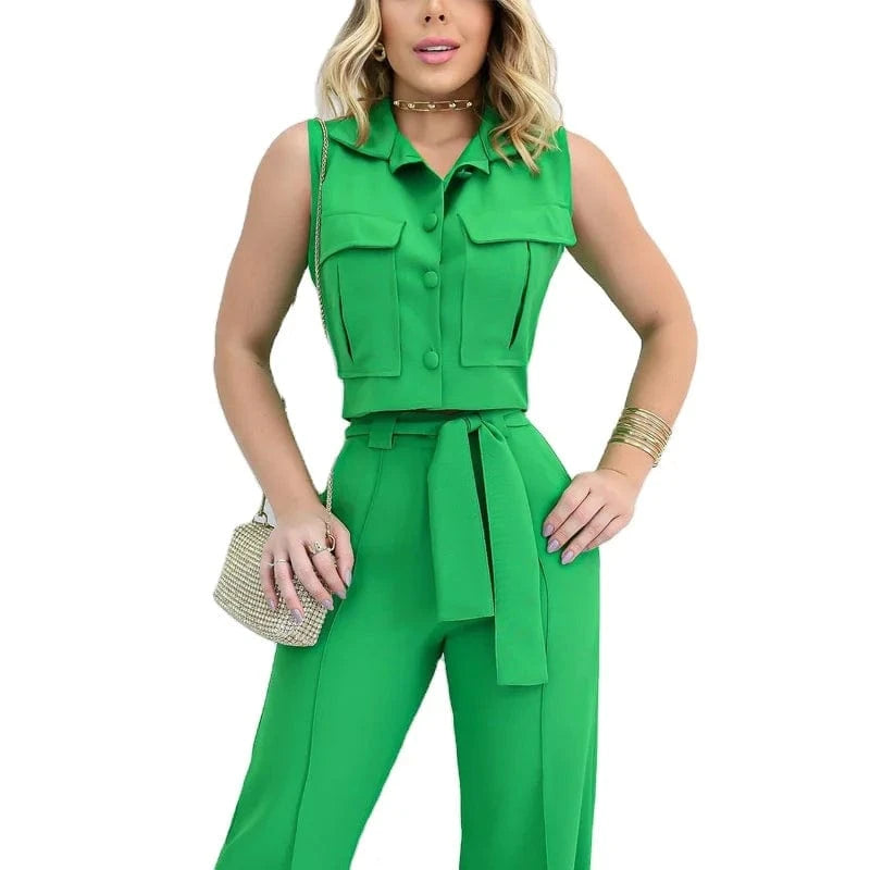 Sleeveless Pant Sets 2024 Women Elegant Tank Tops and Straight Pants Suits Casual 2pcs Pocket Matching Sets