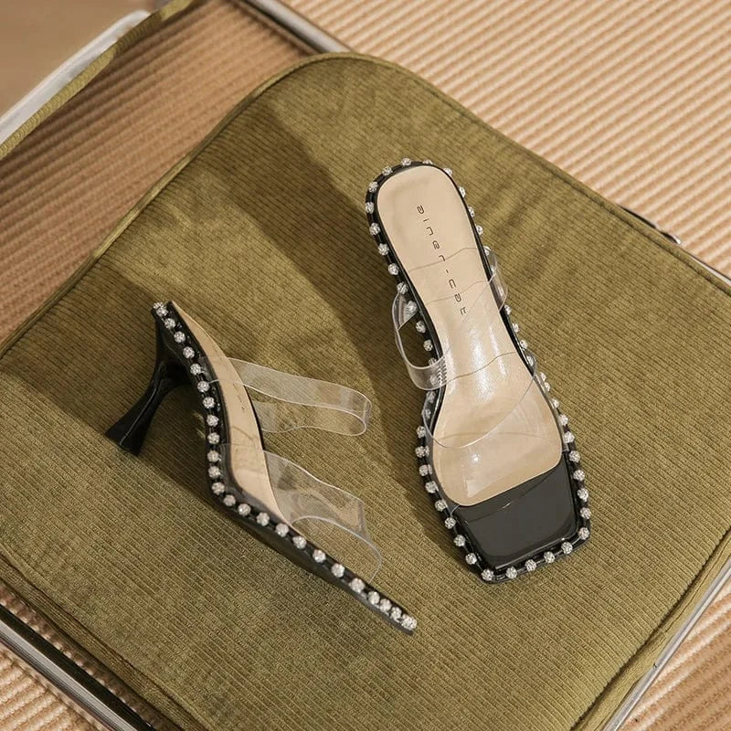 Slippers Women Casual Rhinestone Decor Square-toe Mujer Shoe Transparent T-strap High Heel Sandals Ladies Daily Outdoor Slippers