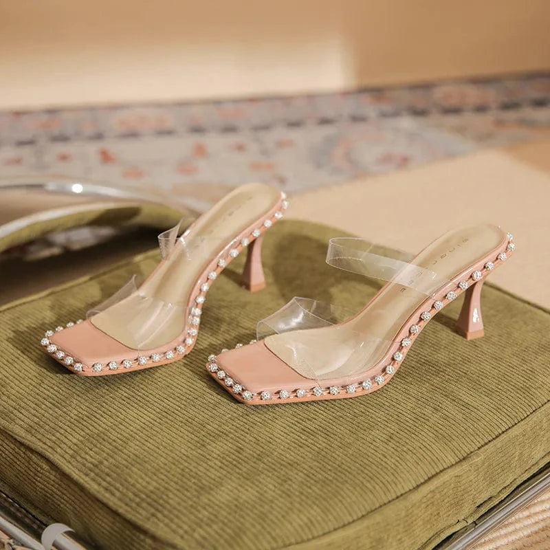 Slippers Women Casual Rhinestone Decor Square-toe Mujer Shoe Transparent T-strap High Heel Sandals Ladies Daily Outdoor Slippers