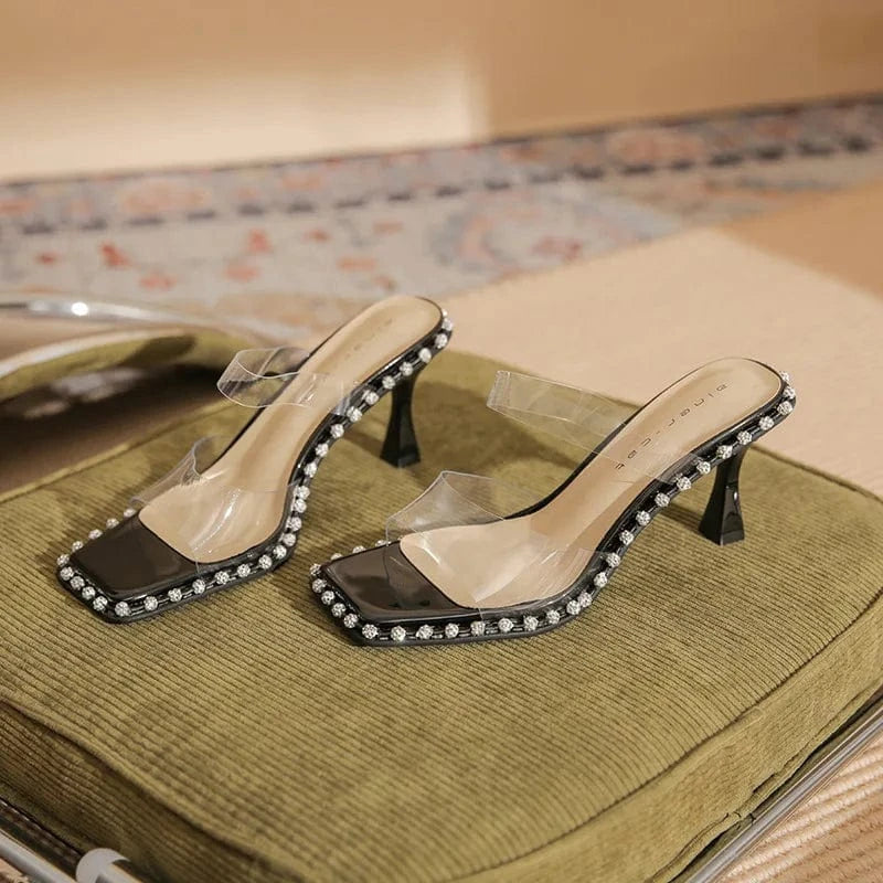 Slippers Women Casual Rhinestone Decor Square-toe Mujer Shoe Transparent T-strap High Heel Sandals Ladies Daily Outdoor Slippers