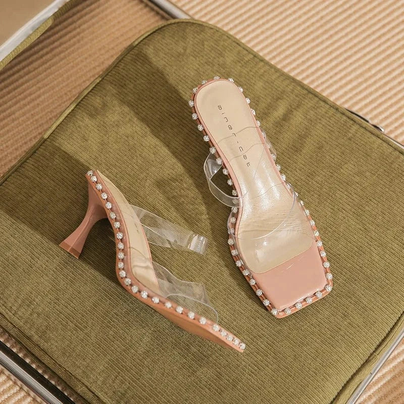 Slippers Women Casual Rhinestone Decor Square-toe Mujer Shoe Transparent T-strap High Heel Sandals Ladies Daily Outdoor Slippers