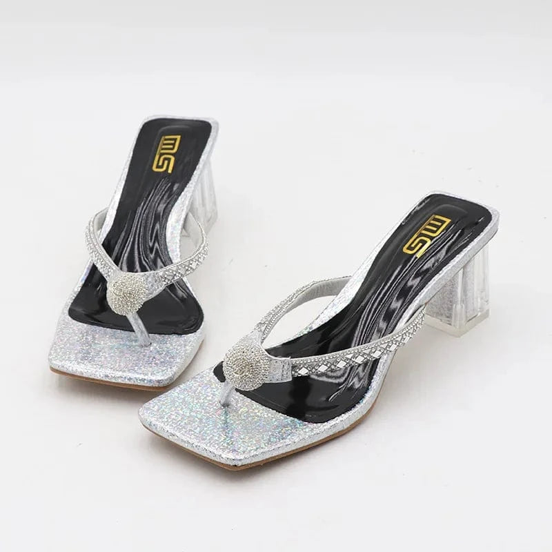 Slippers Women Summer Luxury Rhinestone Decor Shoes Square-toe Large Size Chunky Heeled Sandals Ladies Beach Flip-flops Slippers