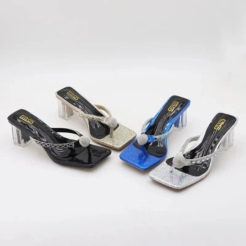 Slippers Women Summer Luxury Rhinestone Decor Shoes Square-toe Large Size Chunky Heeled Sandals Ladies Beach Flip-flops Slippers