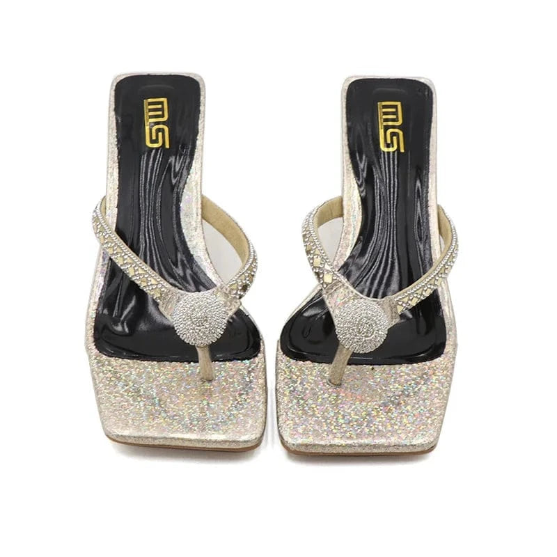 Slippers Women Summer Luxury Rhinestone Decor Shoes Square-toe Large Size Chunky Heeled Sandals Ladies Beach Flip-flops Slippers