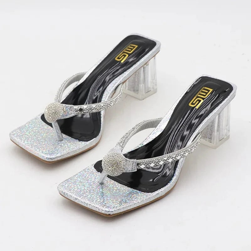 Slippers Women Summer Luxury Rhinestone Decor Shoes Square-toe Large Size Chunky Heeled Sandals Ladies Beach Flip-flops Slippers