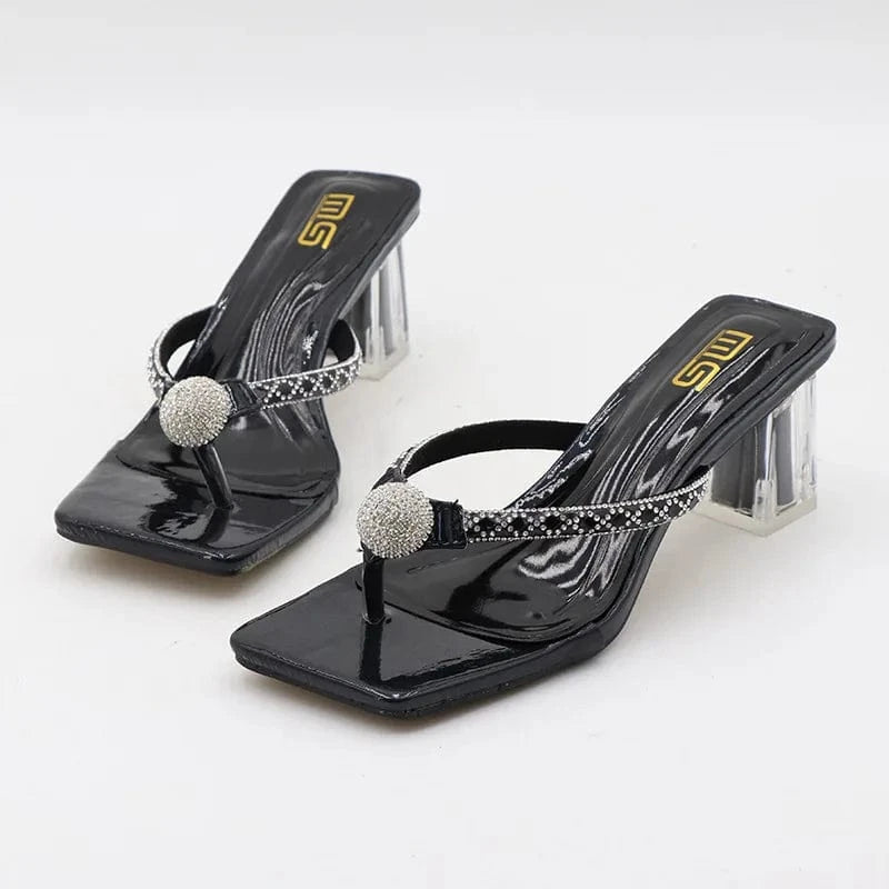 Slippers Women Summer Luxury Rhinestone Decor Shoes Square-toe Large Size Chunky Heeled Sandals Ladies Beach Flip-flops Slippers