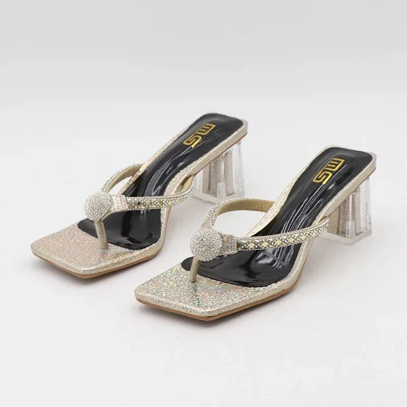 Slippers Women Summer Luxury Rhinestone Decor Shoes Square-toe Large Size Chunky Heeled Sandals Ladies Beach Flip-flops Slippers