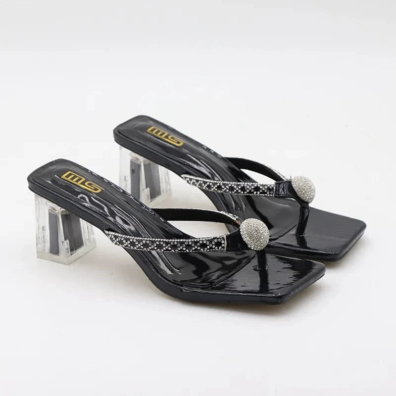 Slippers Women Summer Luxury Rhinestone Decor Shoes Square-toe Large Size Chunky Heeled Sandals Ladies Beach Flip-flops Slippers