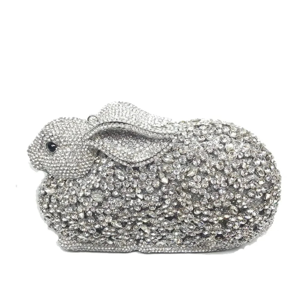 Sliver High End Unique Lady Luxury Women Rabbit Shape Clutch Crystal Evening Diamond Bag Wedding Handbags with Hand Strap