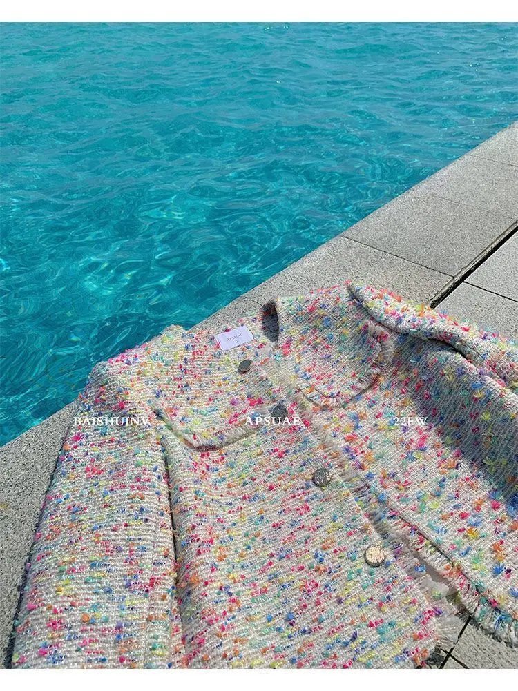 Small fragrant tweed short coat female autumn and winter French color design tassel French niche loose temperament top - SN Wigs & More