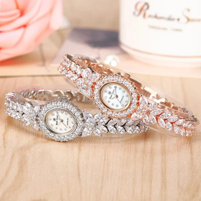 Small Luxury Prong Setting Women's Watch Fine Fashion Hours Mother of Pearl Bracelet Crystal Girl's Gift Royal Crown Box