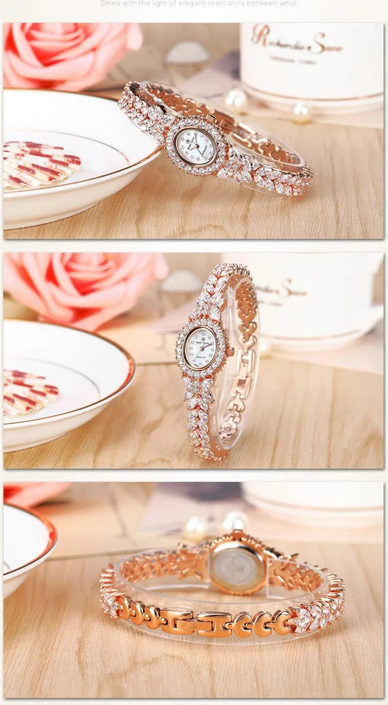 Small Luxury Prong Setting Women's Watch Fine Fashion Hours Mother of Pearl Bracelet Crystal Girl's Gift Royal Crown Box